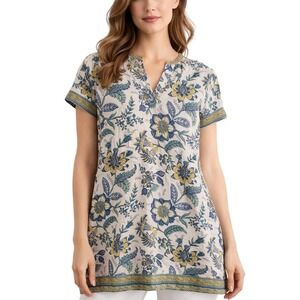 Anokhi Size L Cotton Floral Block Print Tunic | Blue Green Boho Short Sleeve Top
